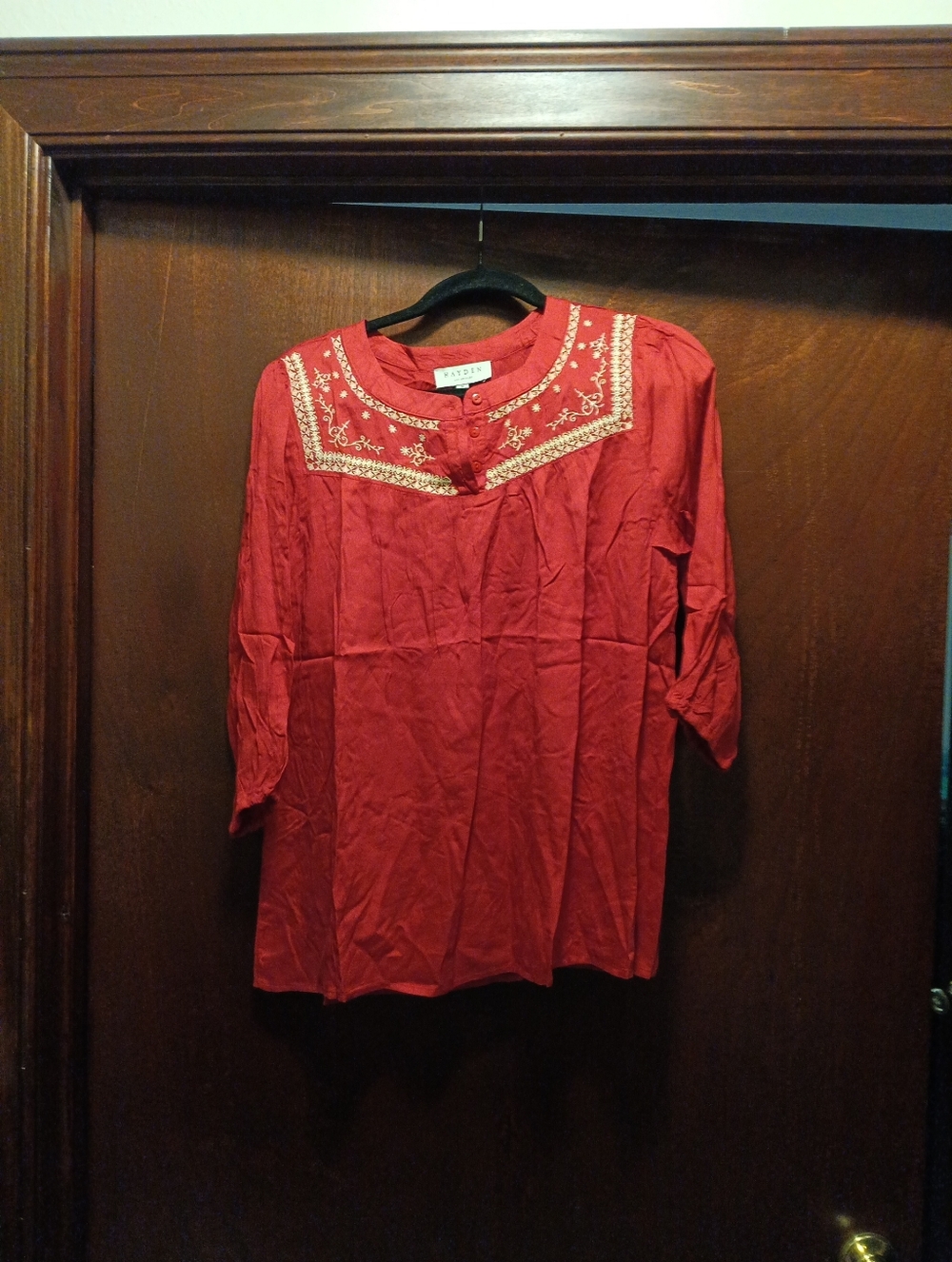 Hayden LA NWT Bali Inspired Poet Collar Tunic Size Medium Cherry Red